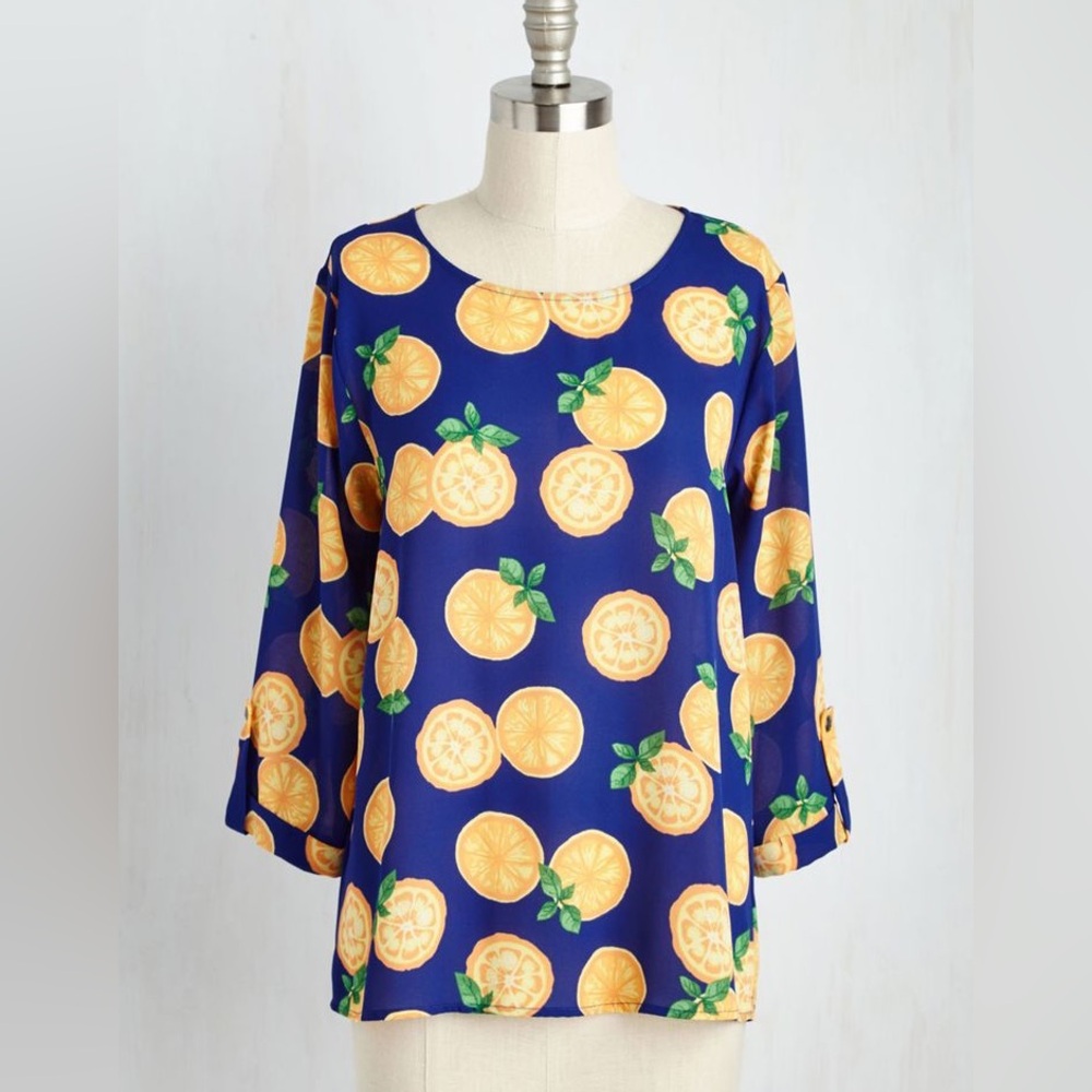 Blue Citrus Print Blouse Orange Fruit Amalfi Italian Summer Euro Vacation Top